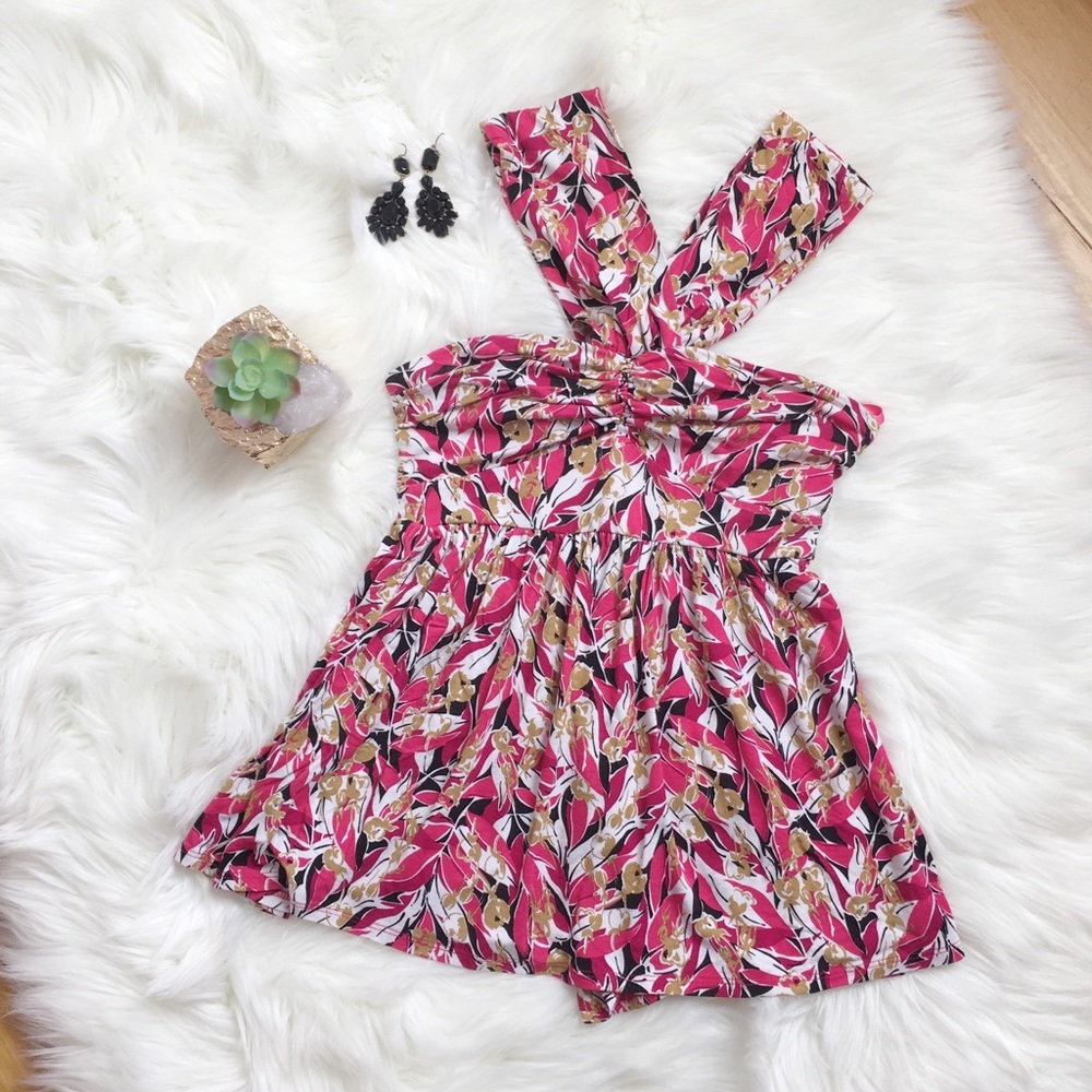 Arden B Pink Floral Crisscross Cutout Top